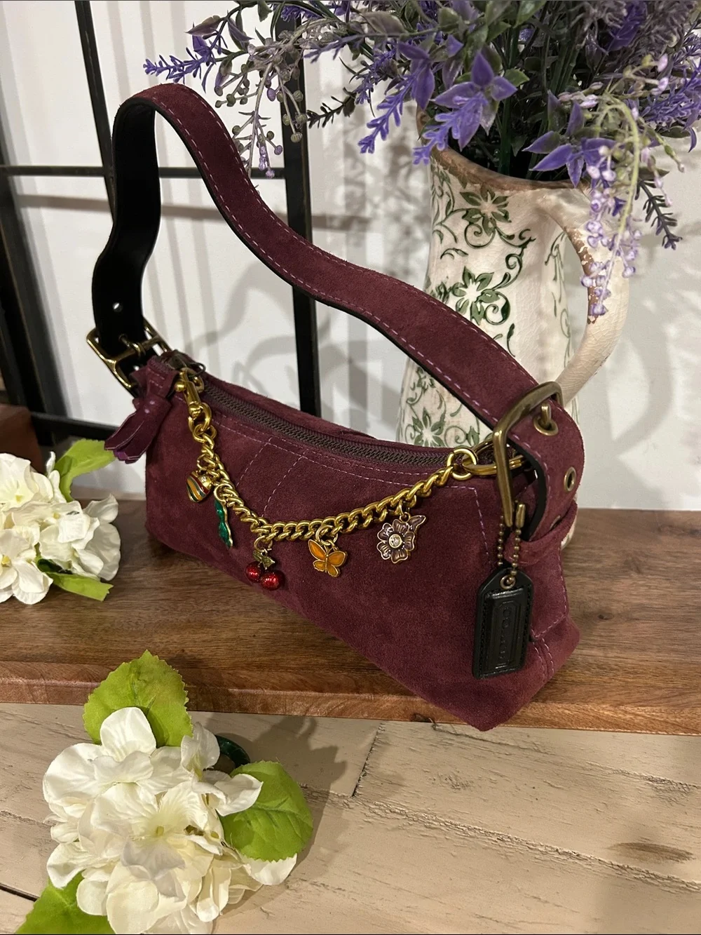 Coach Burgundy Suede Shoulder Bag with Gold Charm Chain